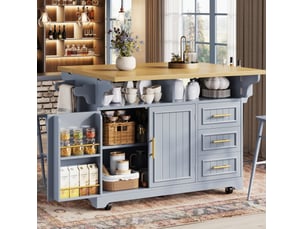 Desserte de cuisine bleu gris 143x40(80)x95 cm avec plateau rabattable et roulettes