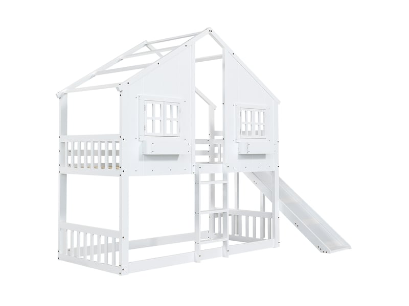  Lit superposé blanc et naturel avec toit maison, dimensions 90x200 cm  - Conforama D