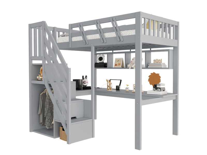 Lit mezzanine enfant 90x200 cm avec bureau, escalier rangement, led et usb gris - Conforama A