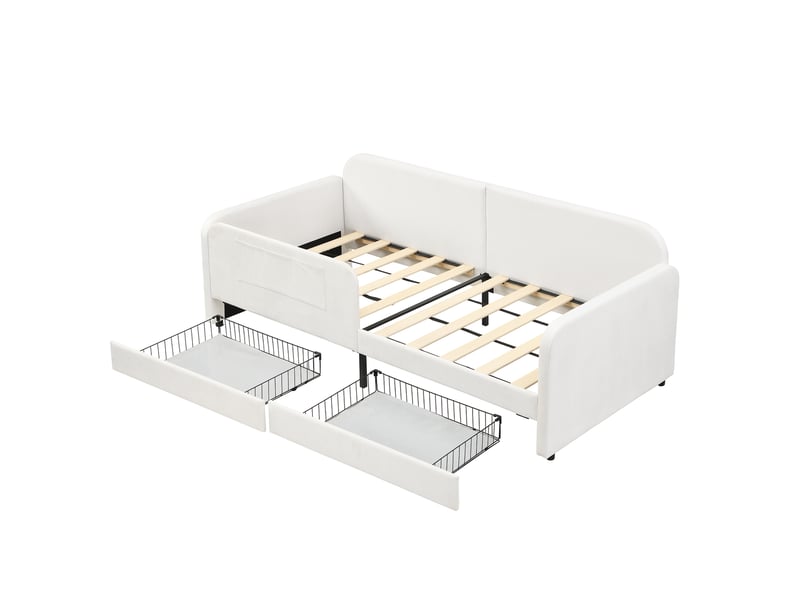  Lit enfant en velours blanc 90x200cm avec 2 tiroirs à roulettes, 3 poches de rangement et cadre métallique  - Conforama A