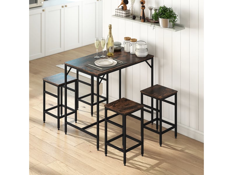  Ensemble tabletabourets cuisine modernes, table haute 4 tabourets industriels, métalbois, saloncuisine, 100x60x88 cm, marron rustique.  - Conforama C
