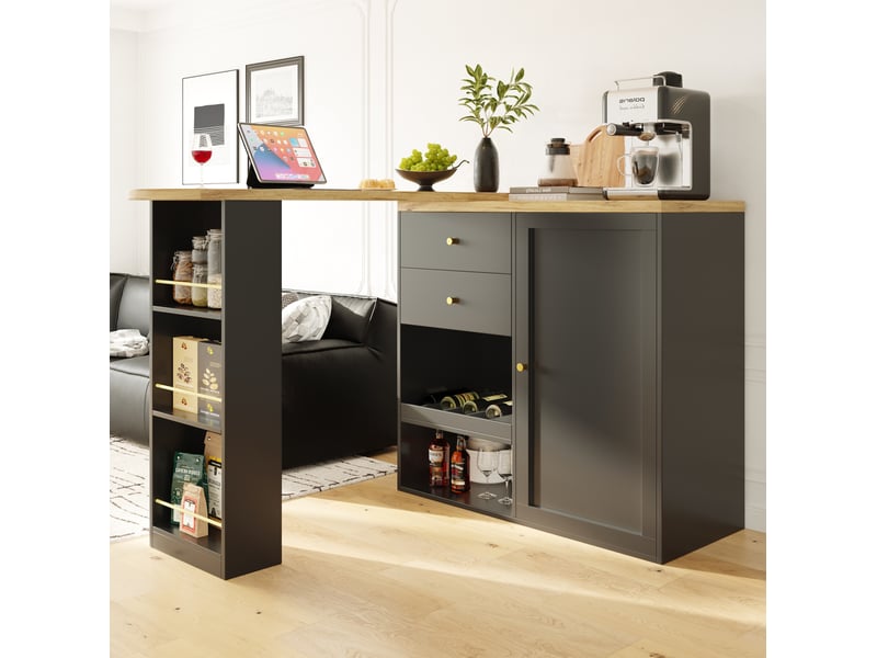  Bar pivotant 105x39x102 cm avec 2 tiroirs et rangement ouvert, mdf, noir  - Conforama D