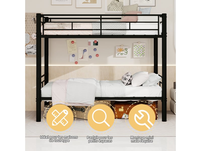  Lit superposé métal 2 x 90 x 190 cm, convertible en 2 lits simples, avec échelle et garde-corps, noir  - Conforama D