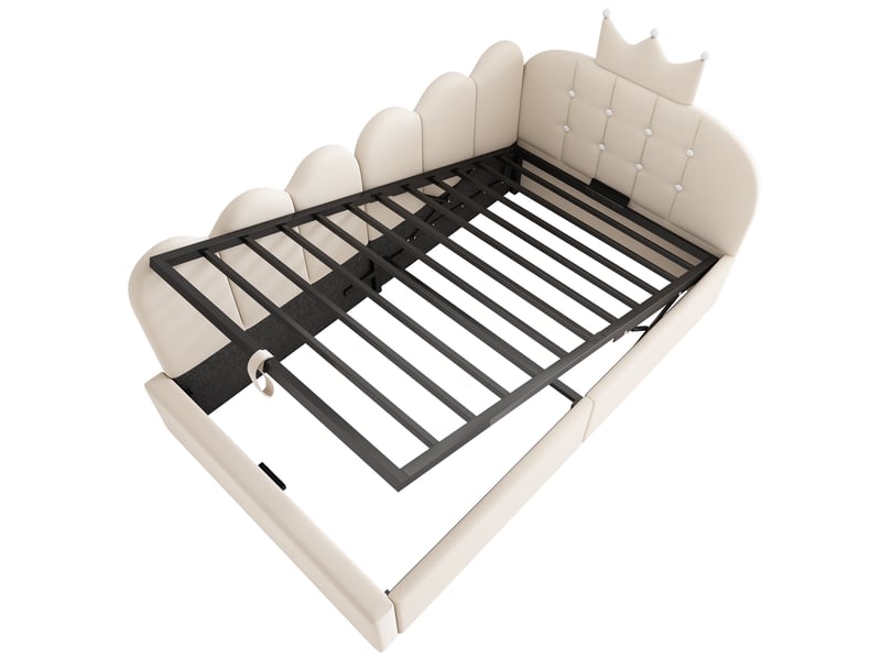  Lit banquette coffre 90 × 190 cm en velours beige, rangement hydraulique et tête en l motif couronne Fay Lum - Conforama D