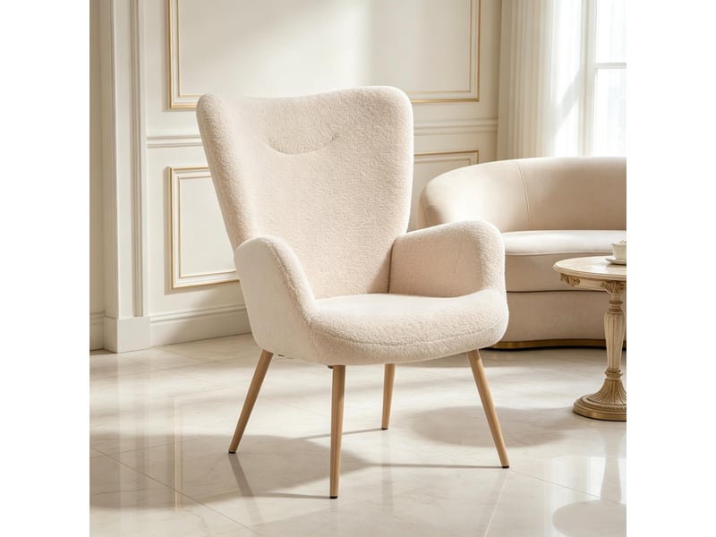  Fauteuil lounge 71x74x97.5cm – sessel individuel avec dossier haut ergonomique et accoudoirs intégrés – peluche et tissu - beige  - Conforama D