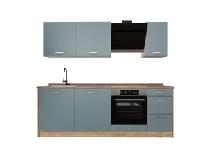 Vicco cuisine, bleu-grischêne doré, 220cm plan de travail chêne doré