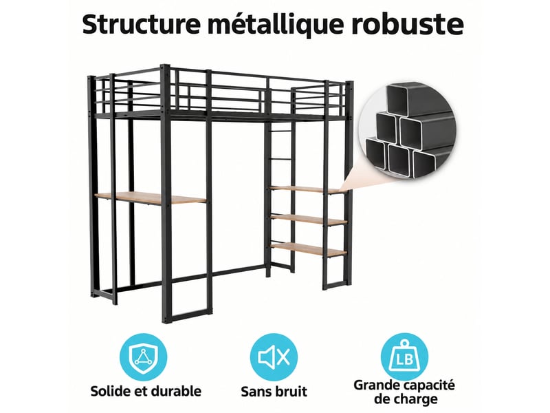Lit mezzanine avec bureau 90 x 190 cm en métal noir, rangement et échelles des deux côtés - Conforama E