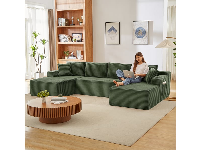  Canapé modulable en u 6 places sans structure en velours côtelé vert  - Conforama D