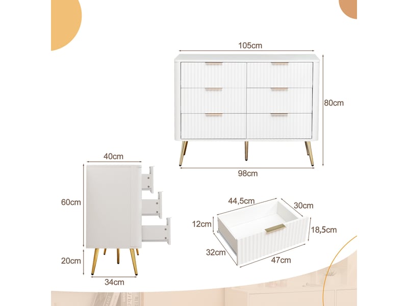  Commode 6 tiroirs, 105x40x80cm, chiffonnier meuble de rangement pour chambre salon couloir, en mdf moderne avec pieds surélevés de 20cm, blanc  - Conforama E