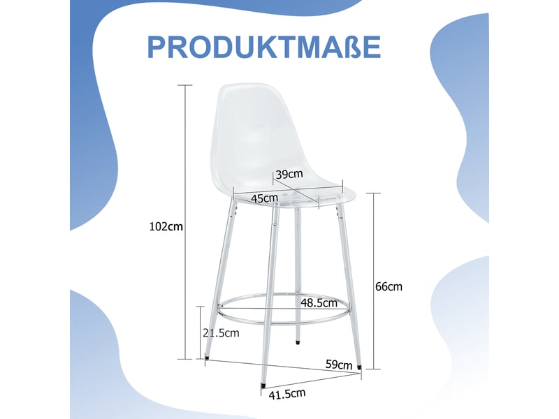  Lot de 2 tabourets de bar transparents avec dossier ergonomique, pieds en métal argenté et repose-pieds intégré, hauteur totale 102 cm  - Conforama C