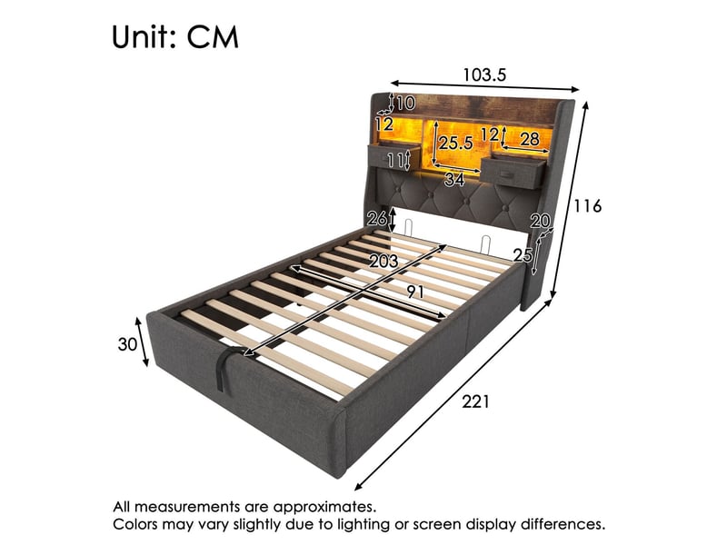  Lit coffre 90x200 cm avec led app et 4 ports usbc - lit rembourré - lin gris, tête de lit rangement, poches  - Conforama C