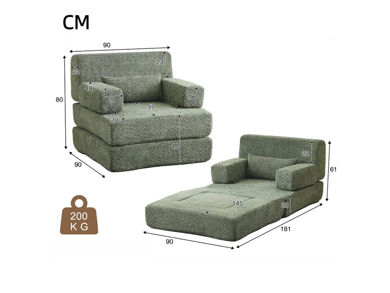  Canapé droit 2-en-1, avec structure en fer, canapé modulaire en chenille, siège individuel réglable pour salon, chambre, bureau, 80 x 90 x 90 cm, vert  - Conforama C
