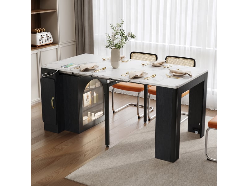 Îlot de cuisine sur roulettes table extensible 83 x 39.6-149.6 cm led multiprise usb noir  - Conforama C