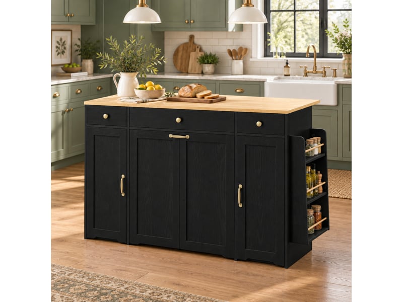  Desserte de cuisine 3 tiroirs 2 portes 136x65x90 cm en mdf noir et naturel  - Conforama W