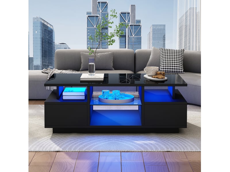 Table basse led 100 x 50 x 36 cm noire brillante – 2 tiroirs, rangements ouverts et style moderne  - Conforama E