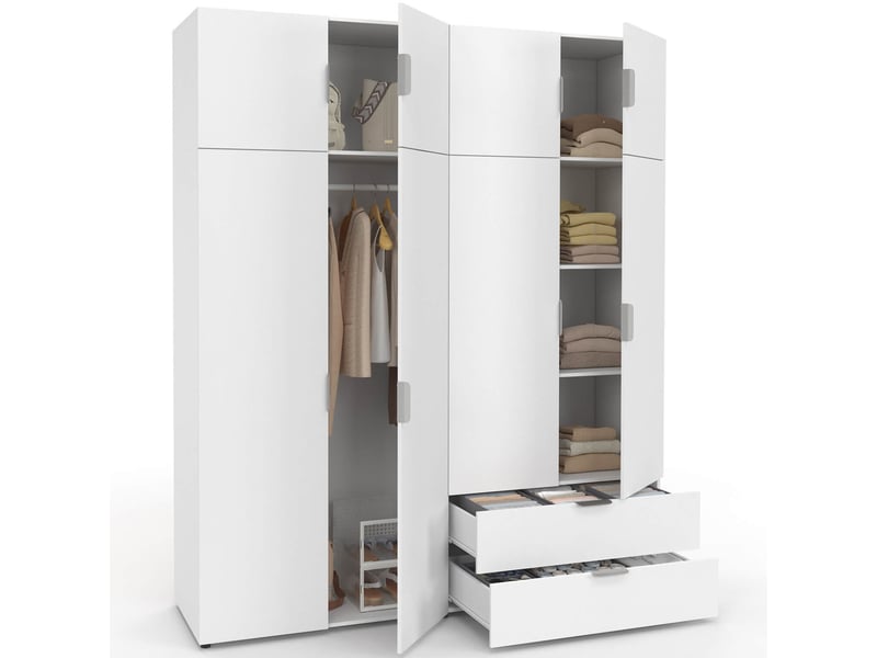 Armoire 4 portes mina blanc penderie 160 cm avec 2 rangements hauts et ...