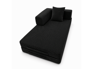 Canapé 2 places, avec couchage d'appoint, avec coussins, en velours côtelé, coloris noir, l185 x p92,5 x h60 cm, assise confortable