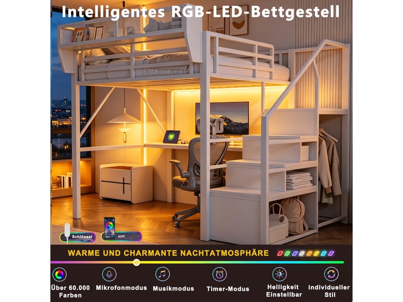  Lit mezzanine 140x200 cm, lit enfant, rangement, bureau, échelle sécurisée, led, métal blanc  - Conforama E