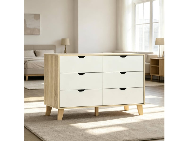  Commode 6 tiroirs 120x40x76 cm, panneau de particules, avec 5 pieds robustes, bicolore blanc et chêne  - Conforama E