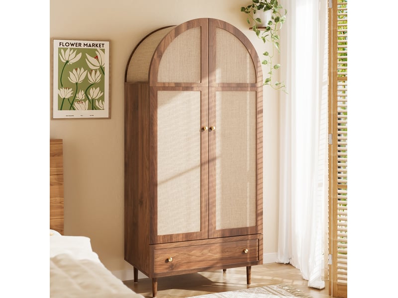  Armoire dressing penderie 79 x 50 x 175 cm portes tissu tiroir inférieur tringle large pieds massifs mdf noyer  - Conforama B