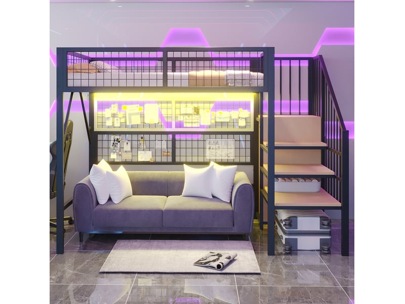  Modenvie lit mezzanine 90x200 cm - escalier avec rangement, led contrôlée par application, sans matelas - noir  - Conforama E