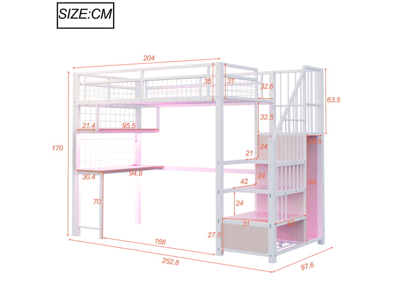  Lit mezzanine 90x200 cm avec bureau, rangements, led et prises coloris blanc  - Conforama C
