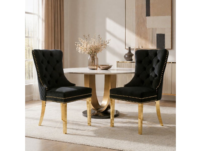  Lot de 2 chaises de salle à manger en velours noir et doré  - Conforama D