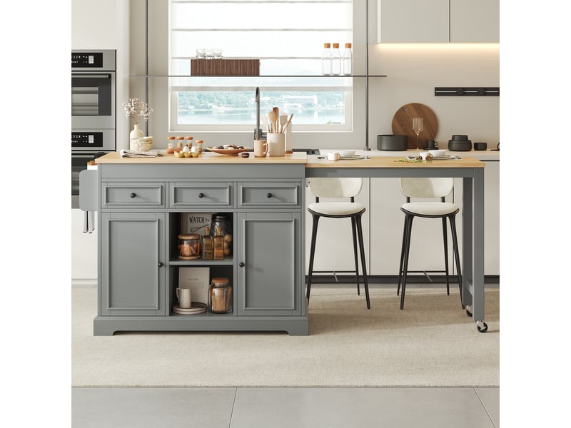  Îlot de cuisine sur roulettes extensible 112-188 cm, îlot central mobile avec étagère à épices et tiroirs, gris  - Conforama B