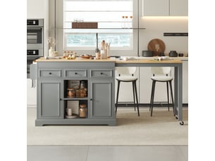 Îlot de cuisine sur roulettes extensible 112-188 cm, îlot central mobile avec étagère à épices et tiroirs, gris