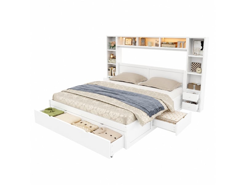  Cadre de lit 140x200 cm avec tête et pied de lit, 7 tiroirs et led 7 couleurs, blanc  - Conforama A