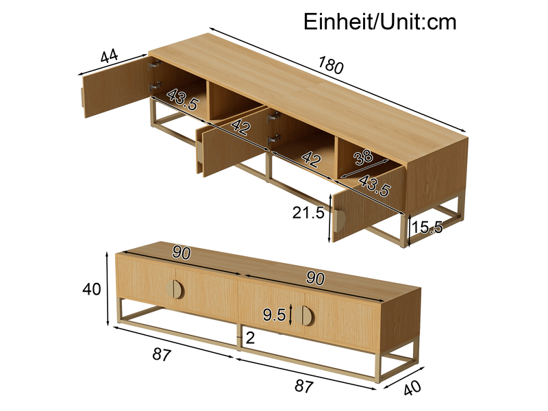  Meuble tv 180 cm effet bois avec 4 portes et poignées demi-lunes - mdf et pieds dorés  - Conforama C