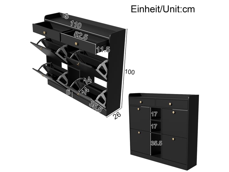  Meuble à chaussures avec 4 portes abattantes, 2 tiroirs et 3 niches pour entrée 110×26×100 cm noir  - Conforama E