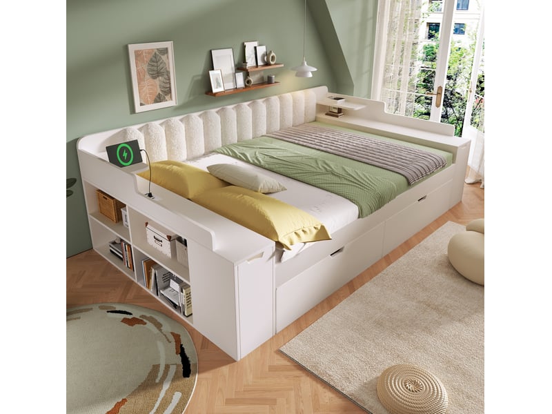  Lit jeune 2 places 140x190 cm avec rangement et station de charge, moderne, en mdf, métal et bois, blanc, sans matelas  - Conforama B