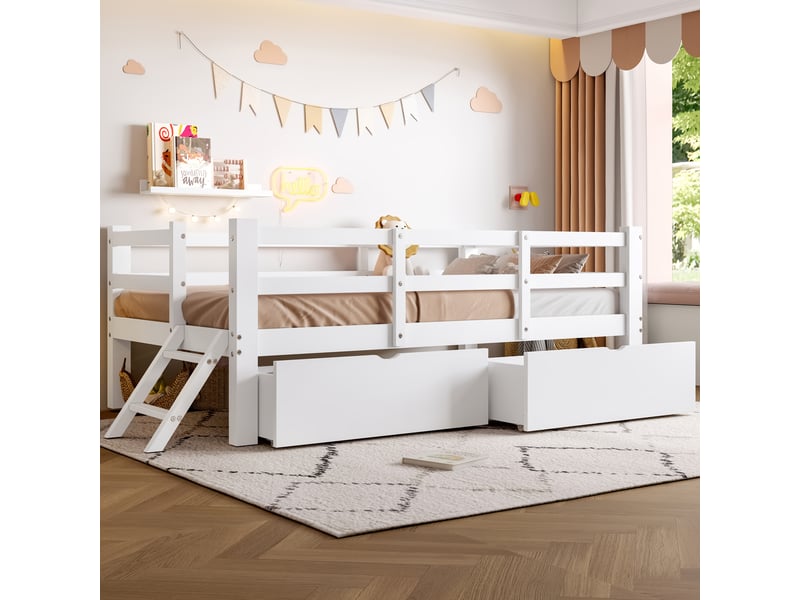  Lit enfant plateforme 90x200 avec barrières 2 tiroirs pin mdf blanc OPULERANE TRADING LTD - Conforama B