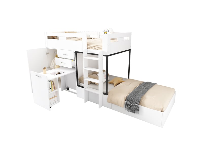 Lit mezzanine enfant 90 x 200 cm, bureau coulissant, penderie, tiroir, étagères et échelle, gain de place, sans matelas, coloris blanc ABC - Conforama A