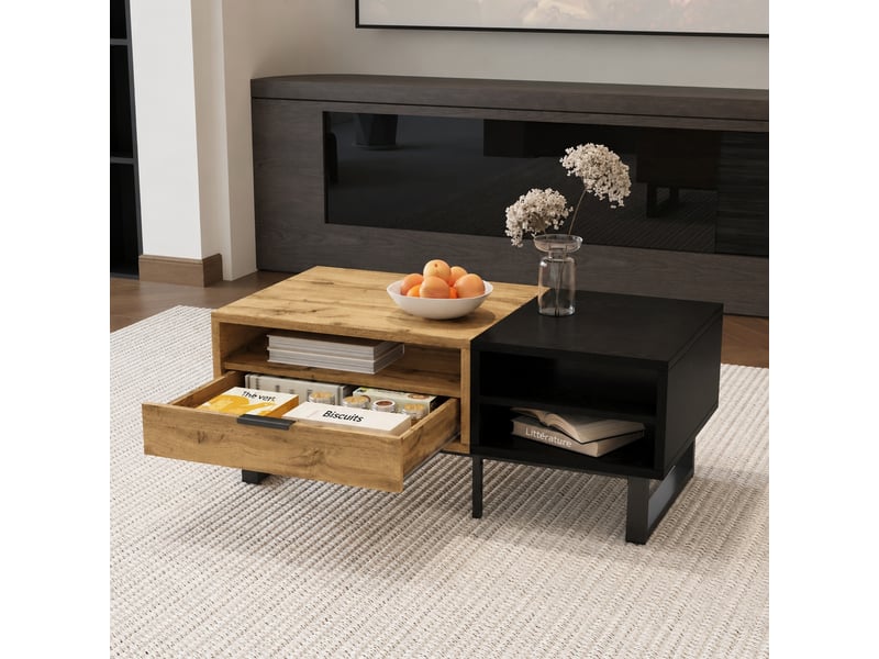  Table basse noire et bois avec 3 niches ouvertes, 1 tiroir et pieds en métal  - Conforama B