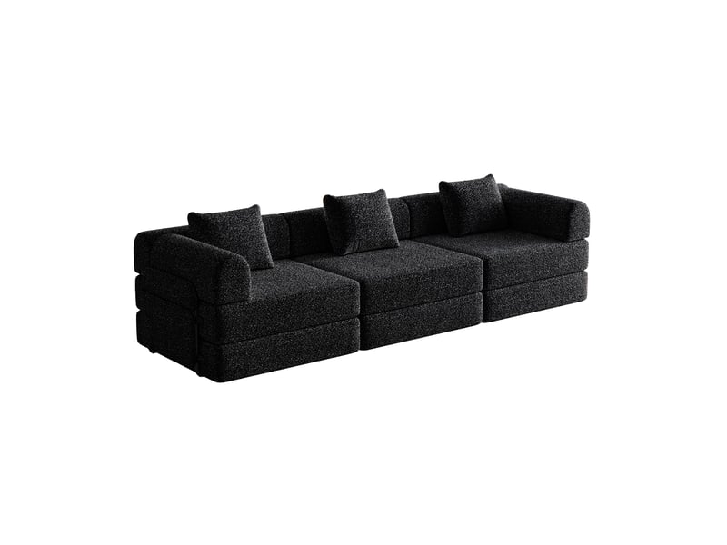  Canapé convertible 3 places - 274x91x70cm - chauffeuse lit chenille, poches rangement, cadre acier - noir  - Conforama A