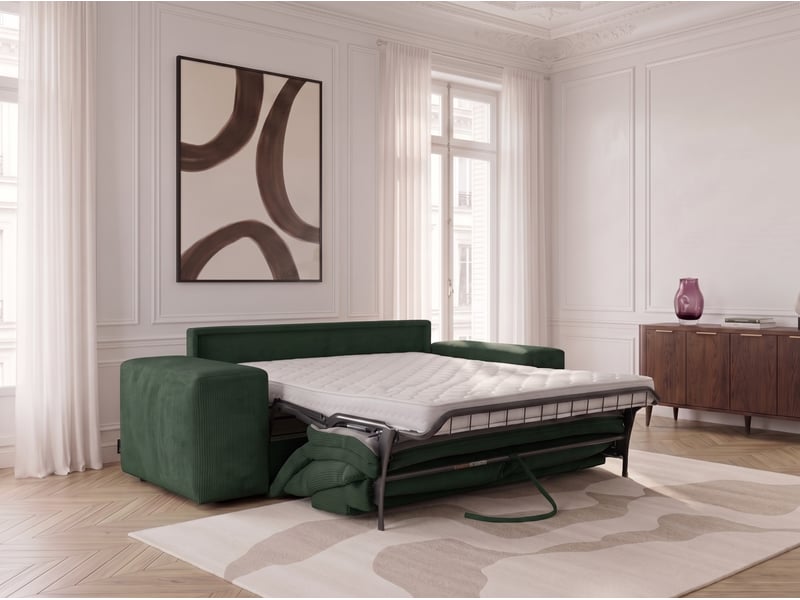  Bobochic canapé droit convertible ouverture express voltaire tissu velours côtelé vert 140x200 VOLTAIRE - Conforama C