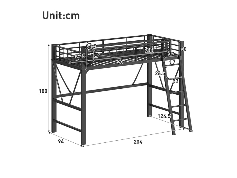 Lit mezzanine 90x200 cm avec panier de rangement métal led noir - Conforama C