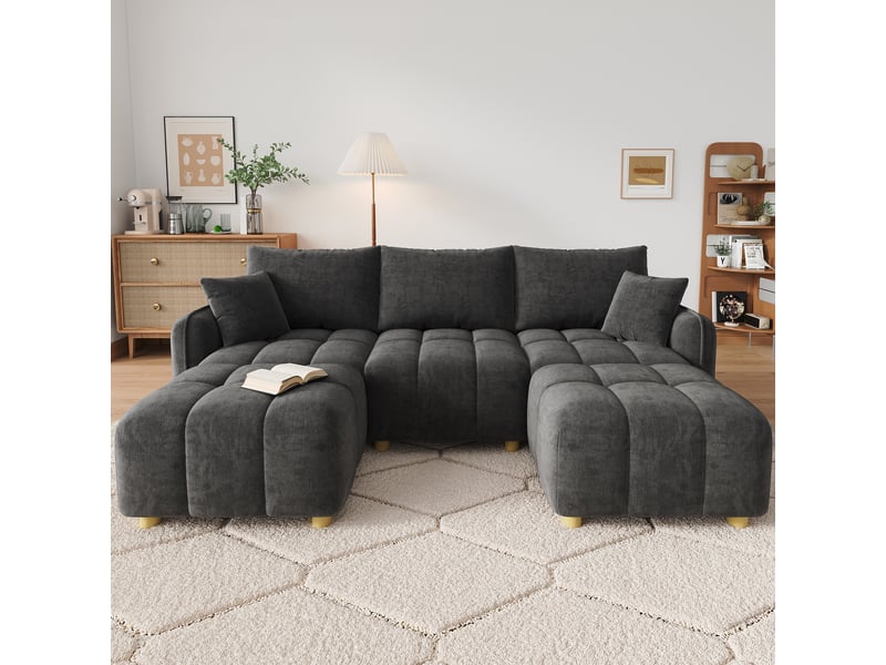  Canapé d angle modulable 5 places 219 x 136 x 84 cm convertible en l ou u avec 2 poufs coussins accoudoirs larges tissu chenille pour salon gris BUYDEEMEUS - Conforama C