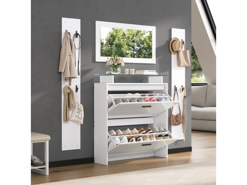 Vestiaire 4 pièces avec miroir – 2 étagères à chapeaux, meuble chaussures blanc laqué, porte-manteaux, 8 crochets - Conforama D