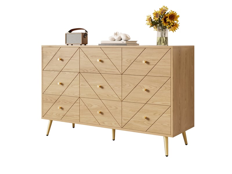 Commode 9 tiroirs 120x39x80 cm à motifs géométriques, coloris bois naturel - Conforama A