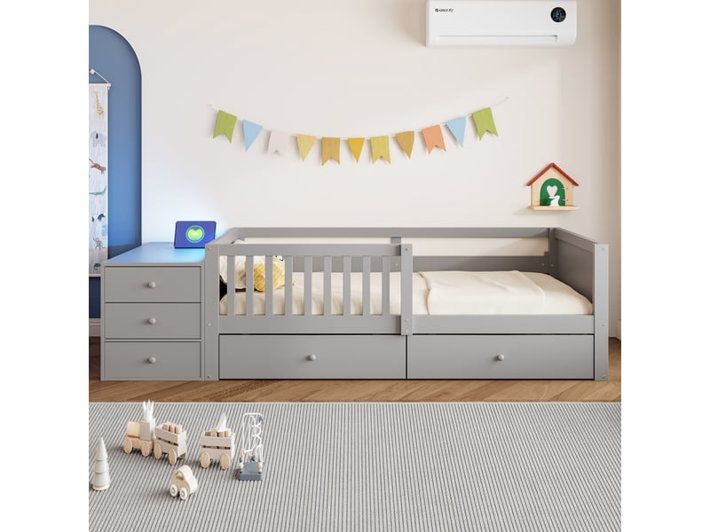  Lit enfant multifonctionnel 90x200 cm - lit simple avec rangement, 2 tiroirs, étagères, bureau, led et prise - gris  - Conforama D