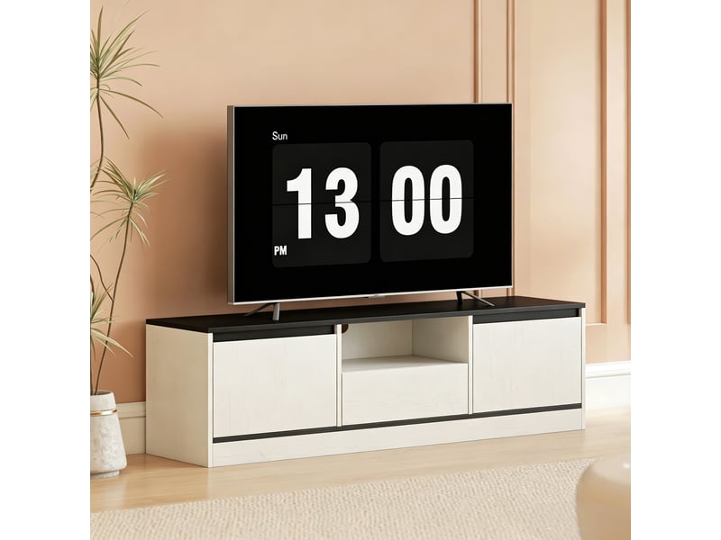  Meuble tv 140cm design effet bois noir et blanc 2 portes tiroir niche  - Conforama B