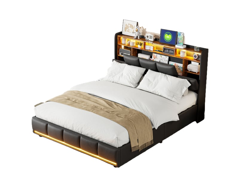  Lit coffre 140x200 cm avec led et usb,lit adulte, hydraulique,  cadre de lit 140x200 cm, lit double , noir, pu  - Conforama A