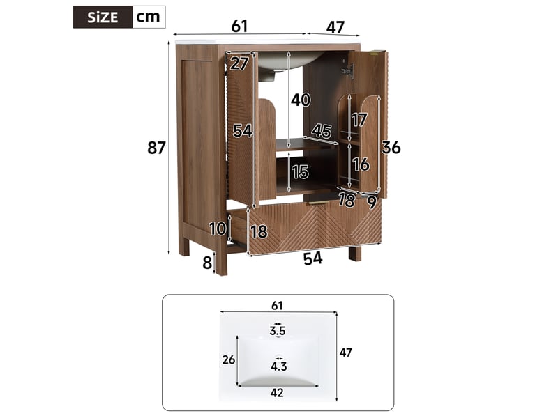  Meuble sous vasque de salle de bains 61 x 47 x 87 cm noyer, mdf et céramique, 2 portes et tiroir  - Conforama C