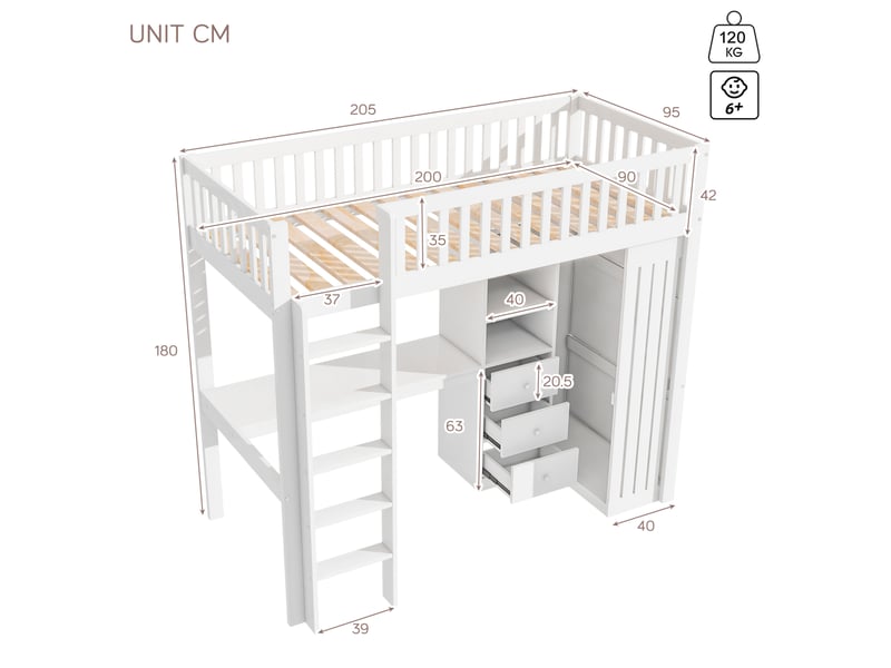  Lit mezzanine enfant 90x200 cm avec bureau, armoire et 3 tiroirs blanc  - Conforama C