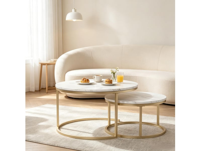 Lot de 2 tables basses gigognes rondes en mdf effet marbre blanc - Conforama B