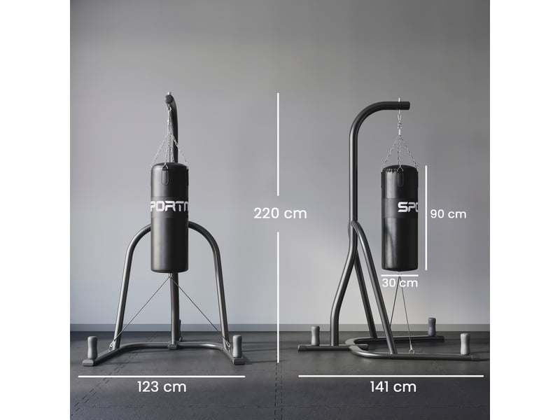  Support pour sac de frappe, support autoportant avec sac de frappe, cordon élastique, chaîne 360°, base en u, porte-disques, acier  - Conforama E