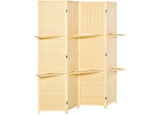 Paravent séparateur de pièce 180x180 cm – bambou naturel – pliable avec 2 étagères, style rustique